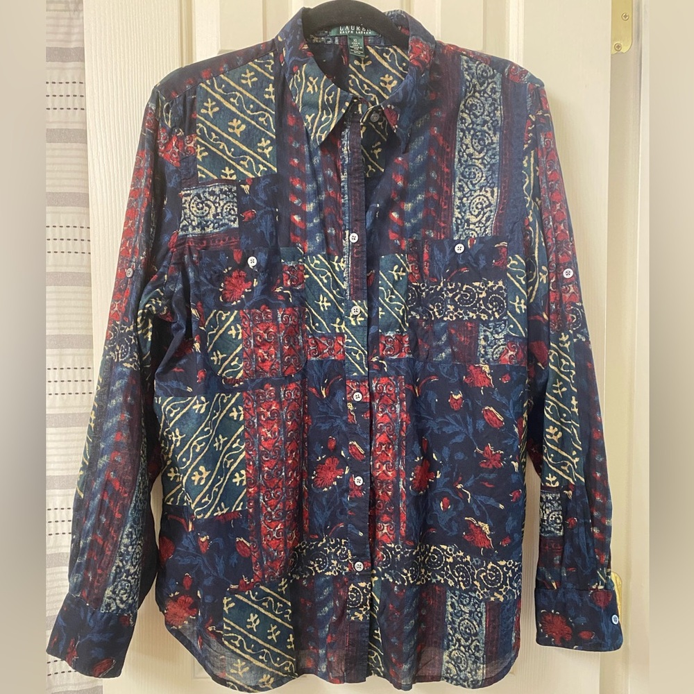 Ralph Lauren Cotton Multicolor Patterned Button Front Roll Tab Sleeve Size XL